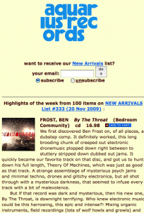 Aquarius Records website features a long list of new releases and reviews.