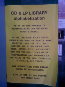 CD and LP Library Alphabetization sign (Photo: J. Waits)