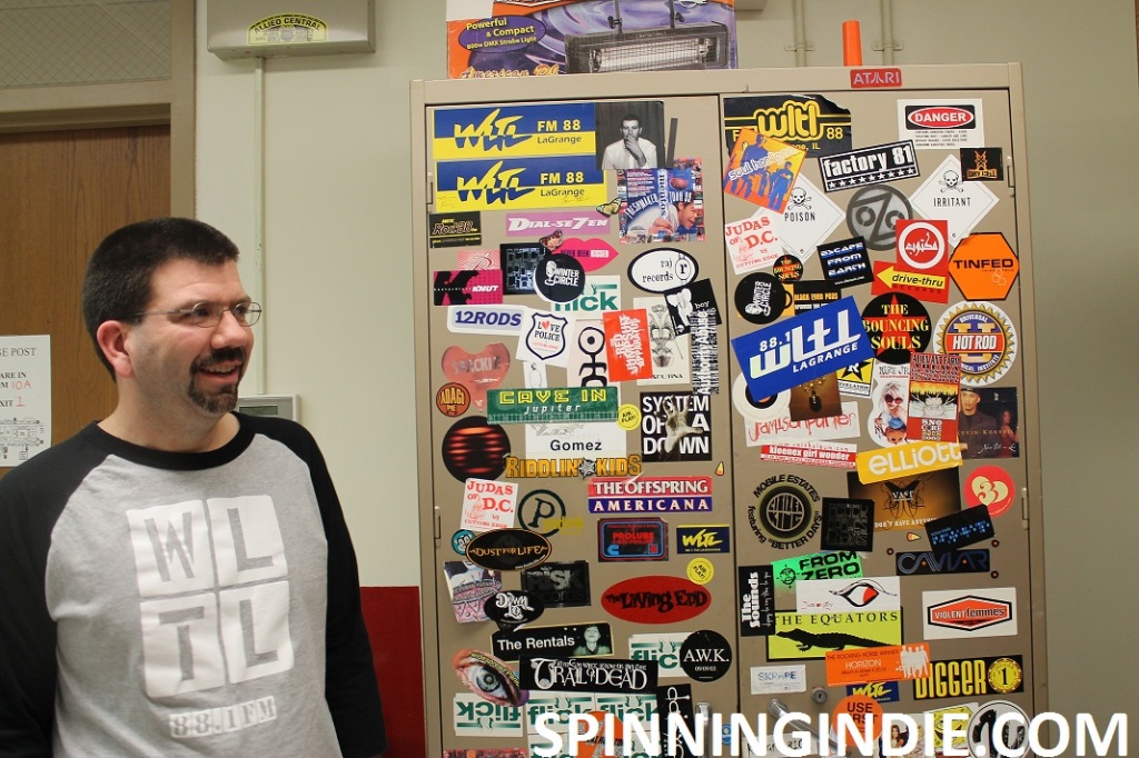 sticker-covered cabinet at high school radio station WLTL