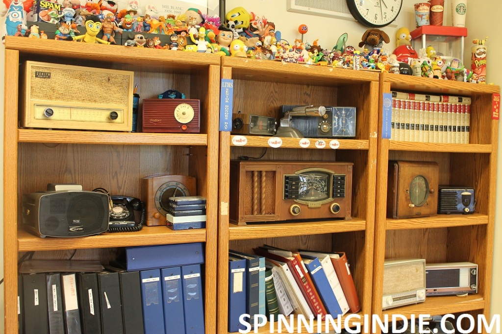 vintage radios and toys in high school radio station WLTL's classroom