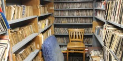 record library at college radio station WMUC