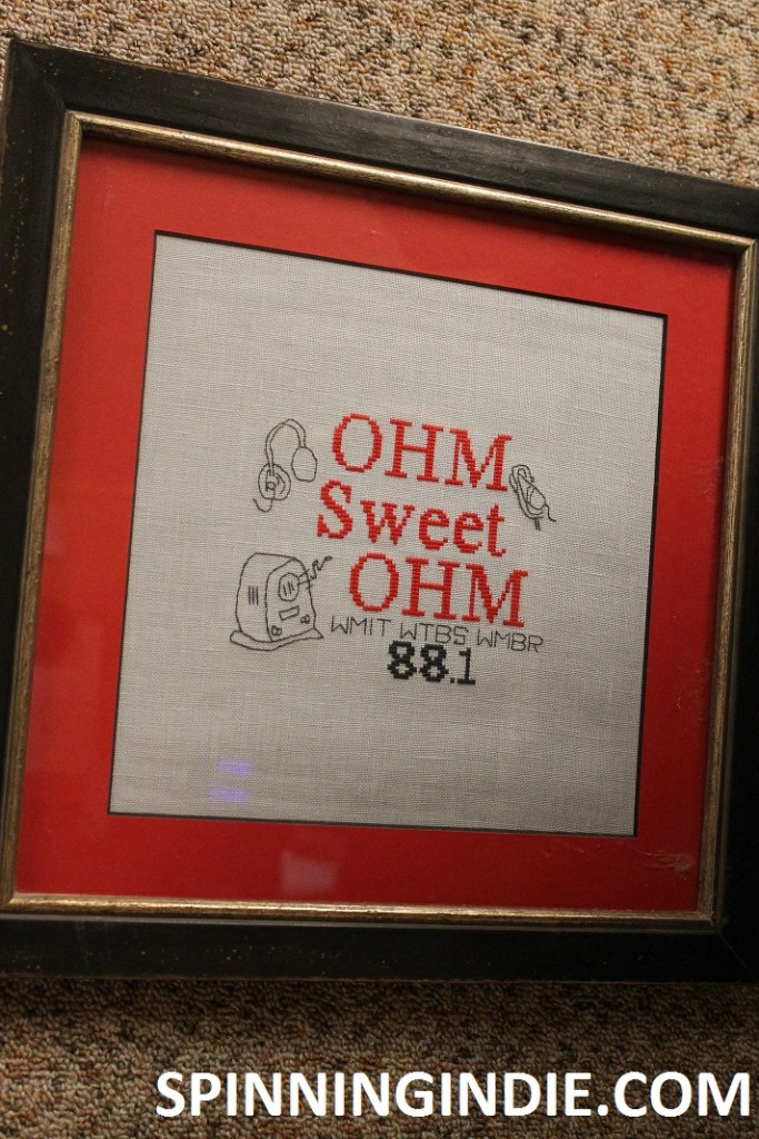 Ohm Sweet Ohm cross stitch at college radio station WMBR