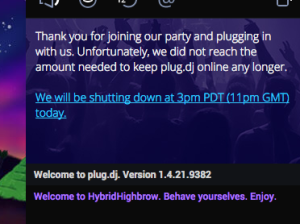 Plug.dj shutdown notice.
