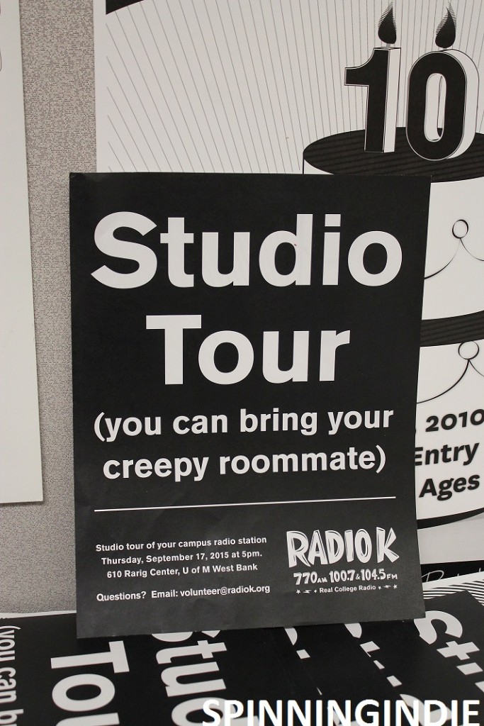 promotional sign at Radio K - "studio tour. You can bring your creepy roommate"