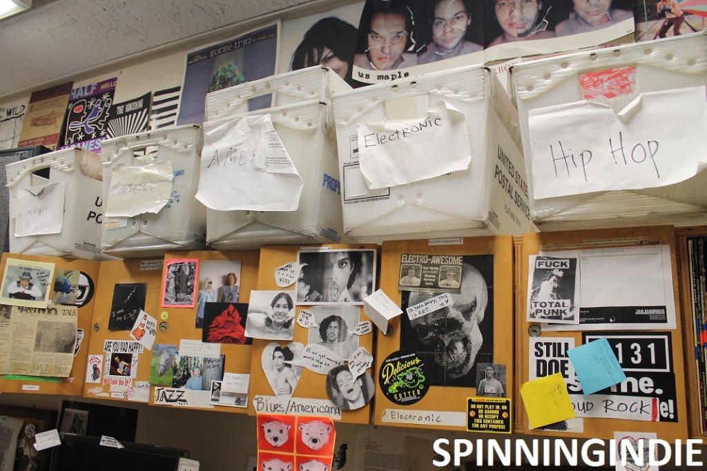 Music Director's Office at KSPC with mail tubs labeled for different genres of music. Photo: J. Waits