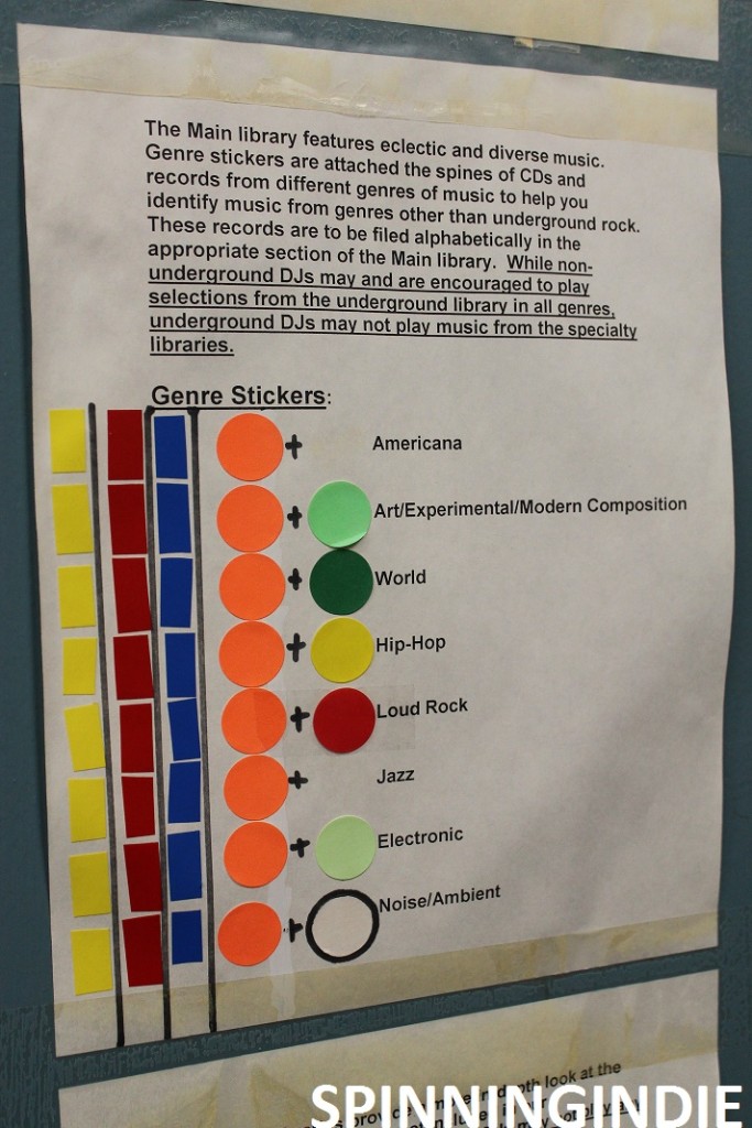 Music genre sticker guidelines at KSPC. Photo: J. Waits