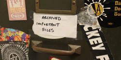 "Archived Important Files" post on cabinet at college radio station WMCN. Photo: J. Waits