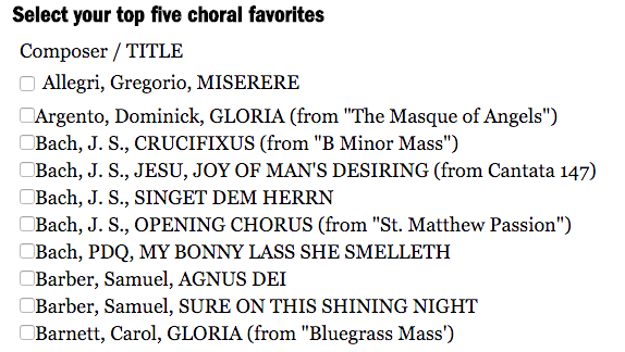 An excerpt from the choral music poll.