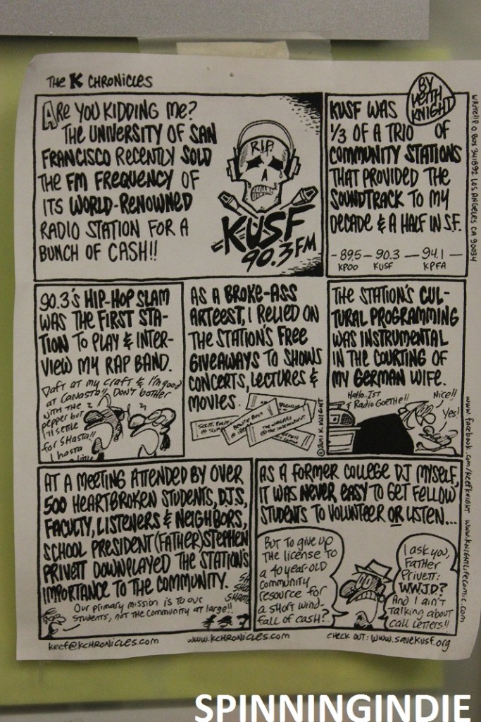 Comic about KUSF sale. Posted at KUSF.org studio. Photo: J. Waits