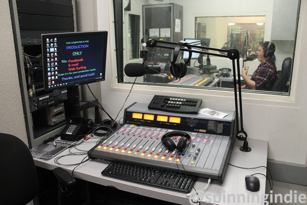 View into WBCR on-air studio from production studio. Photo: J. Waits