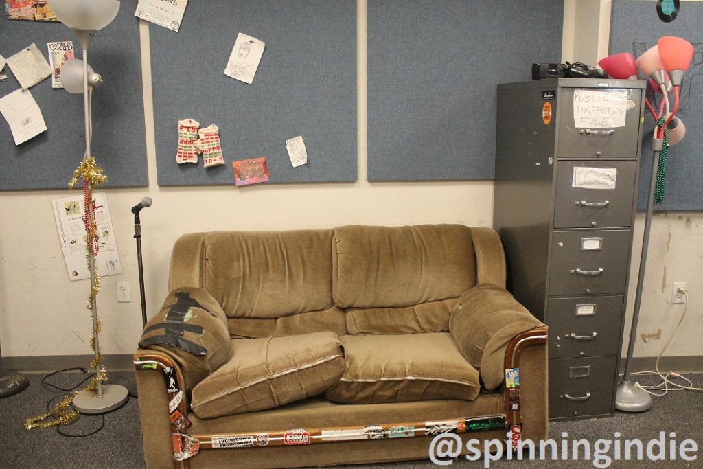 Couch and public file cabinet in WPRB studio. Photo: J. Waits