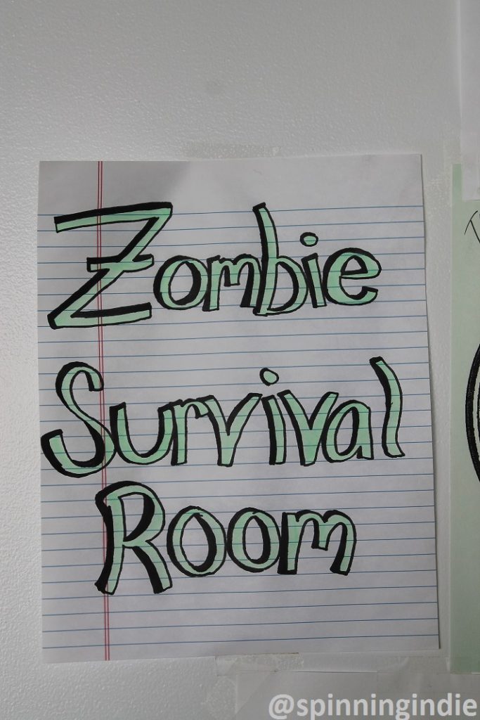 Zombie Survival Room sign at college radio station WRBB at Northeastern University. Photo: J. Waits