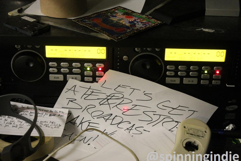 "Let's gets a terrestrial broadcast" note at WCUA. Photo: J. Waits