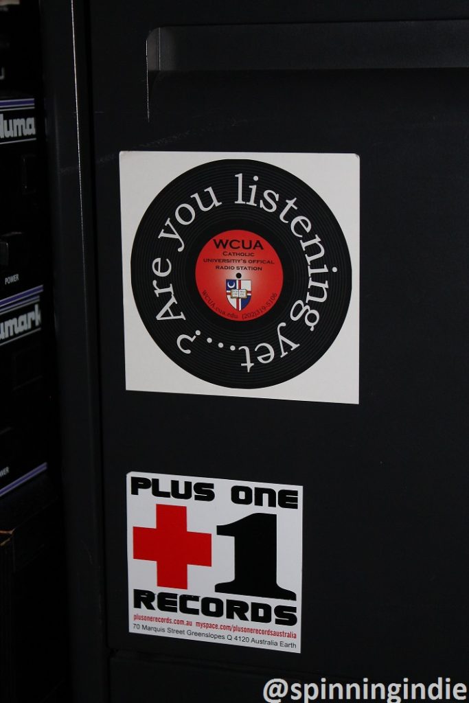 Stickers on a cabinet at WCUA. Photo: J. Waits