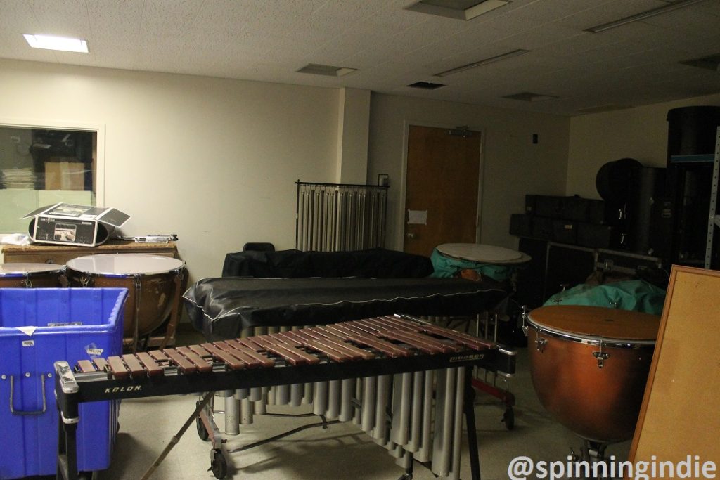 Percussion department storage in space shared with WCUA. Photo: J. Waits