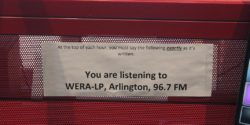 LPFM radio station WERA-LP's legal ID posted in radio station studio. Photo: J. Waits