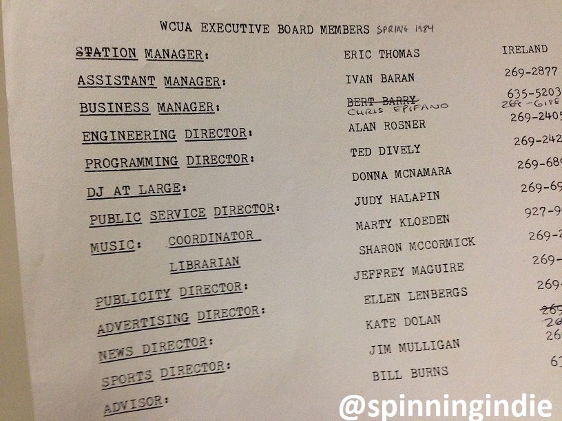 WCUA staff list from 1984. Photo: J. Waits