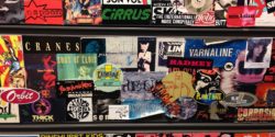 Sticker-covered cabinet at college radio station WGTB. Photo: J. Waits