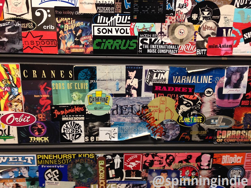 Sticker-covered cabinet at WGTB. Photo: J. Waits