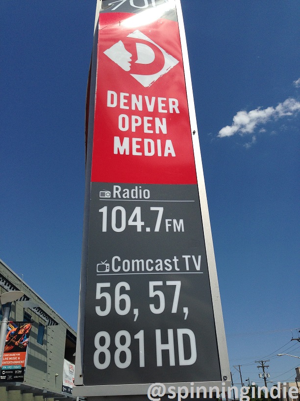 Sign for Denver Open Media and its LPFM station KOMF-LP. Photo: J. Waits