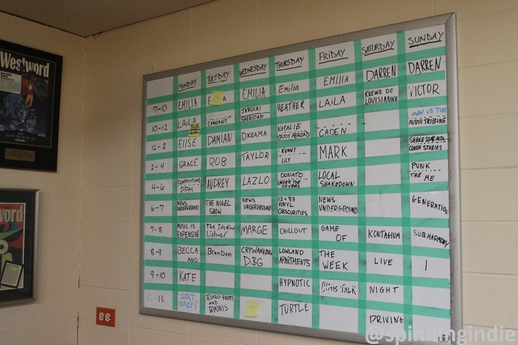 Whiteboard with Radio 1190 schedule. Photo: J. Waits