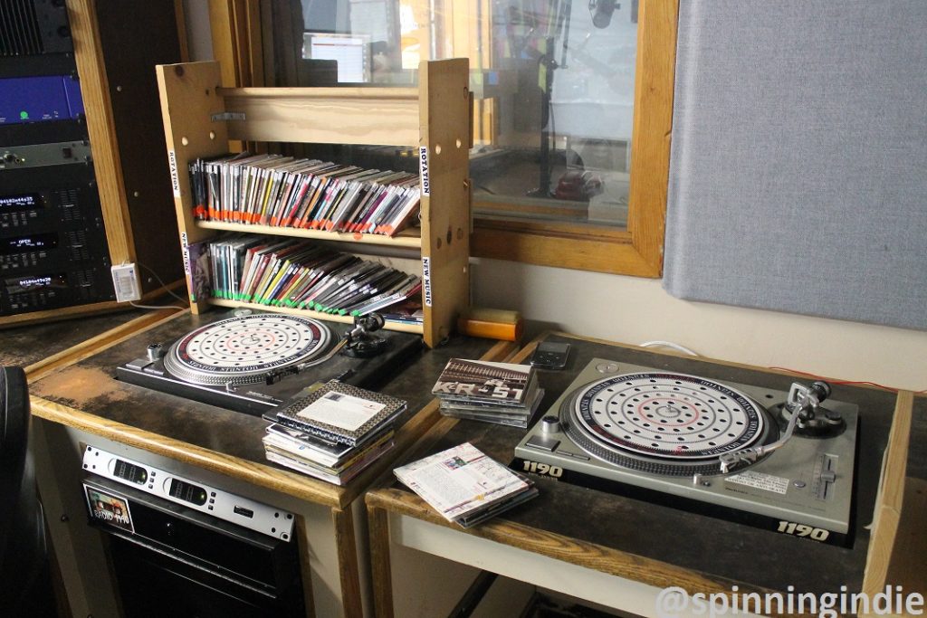 Turntables in on-air studio of college radio station Radio 1190. Photo: J. Waits