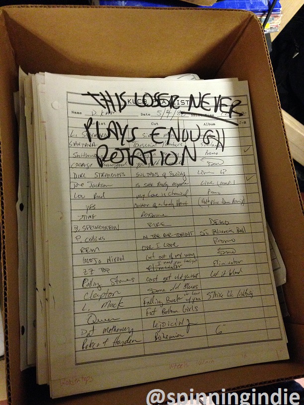 Box of old KUCB playlists at Radio 1190, including this one from 1988. Photo: J. Waits