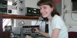 An amateur radio operator, Yvette Cendes, KB3HTS, at station W8EDU, 2005