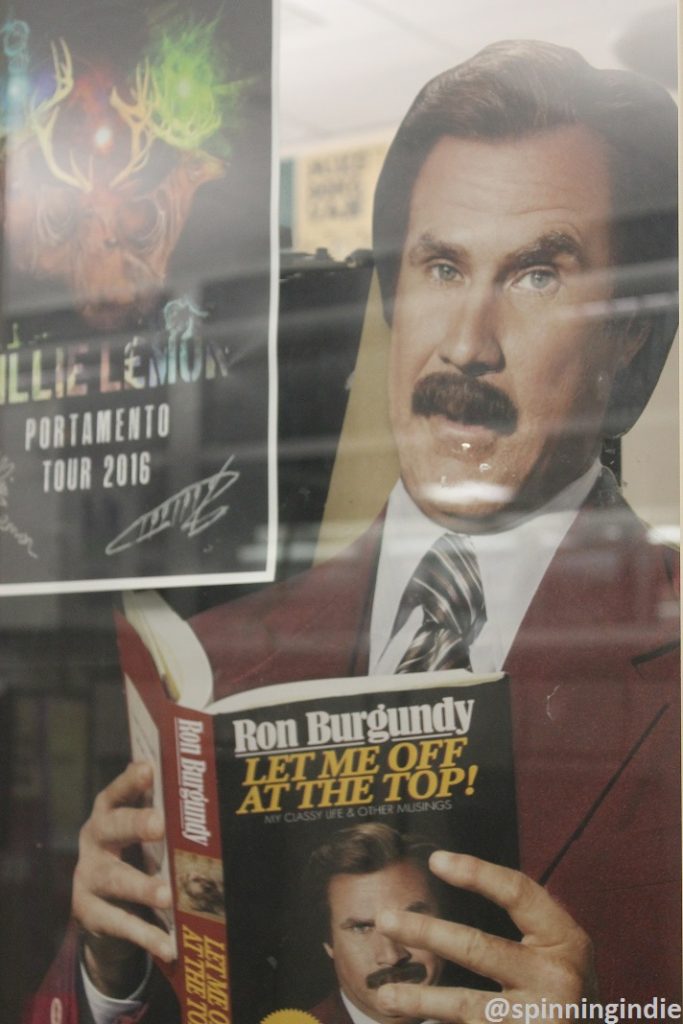 Ron Burgundy cut-out in window of KXUA office. Photo: J. Waits