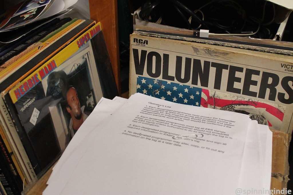 Vinyl LPs and paperwork at community radio station KABF. Photo: J. Waits