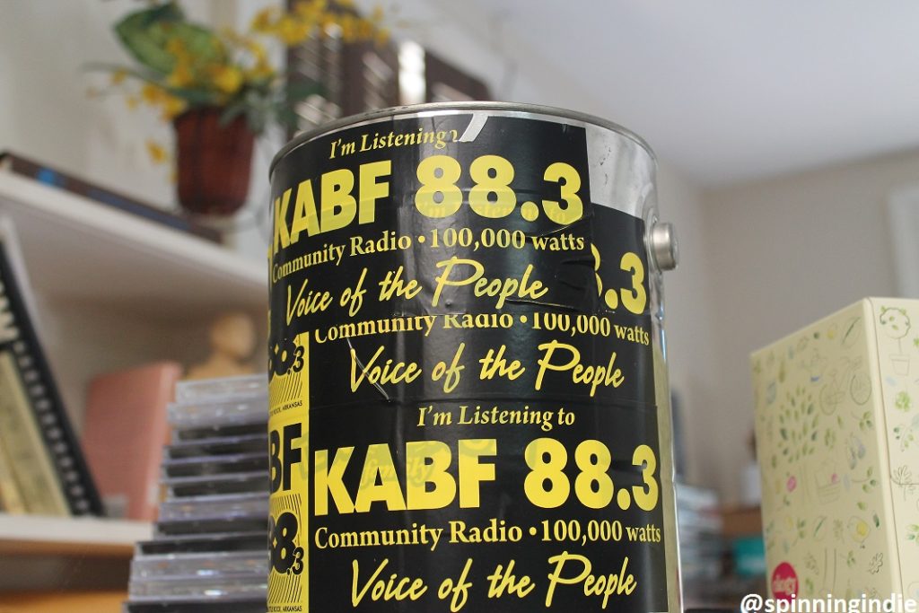 Sticker-covered bucket at KABF. Photo: J. Waits