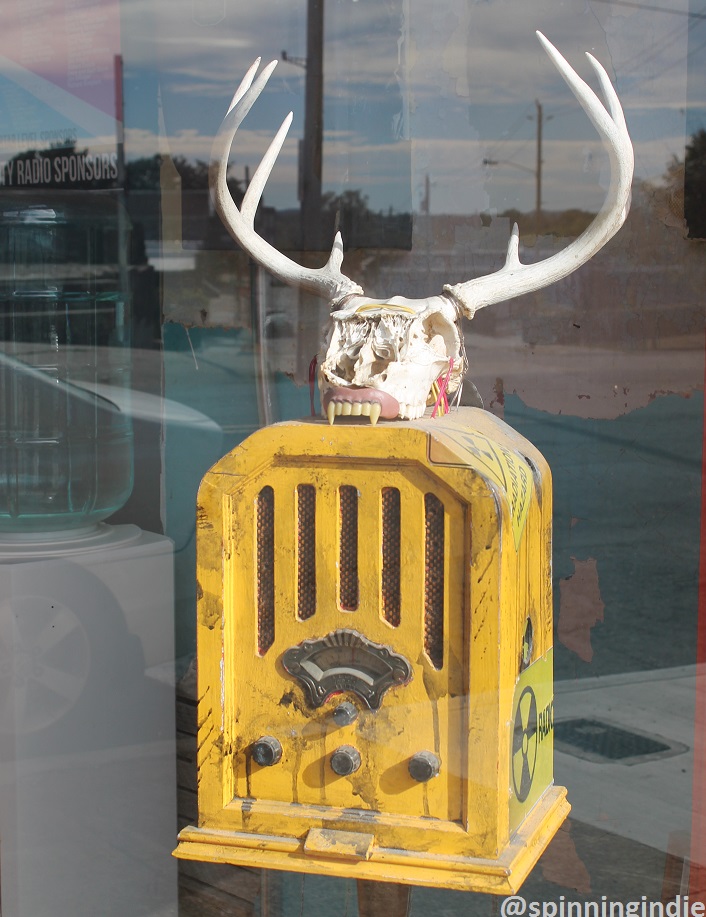 Radio art piece in window at KUHS-LP. Photo: J. Waits