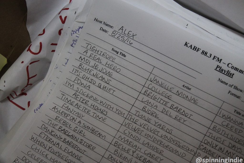 Paper playlist at community radio station KABF. Photo: J. Waits