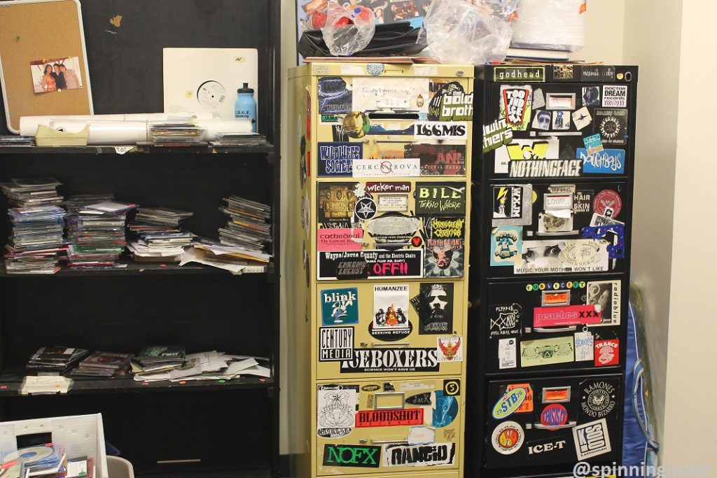 Sticker-covered file cabinets at WXJM. Photo: J. Waits