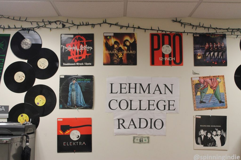 Vinyl records and album covers on the wall at Lehman College Radio. Photo: J. Waits