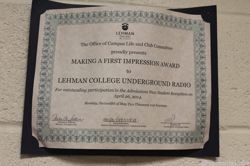 Award on the wall at Lehman College Radio. Photo: J. Waits