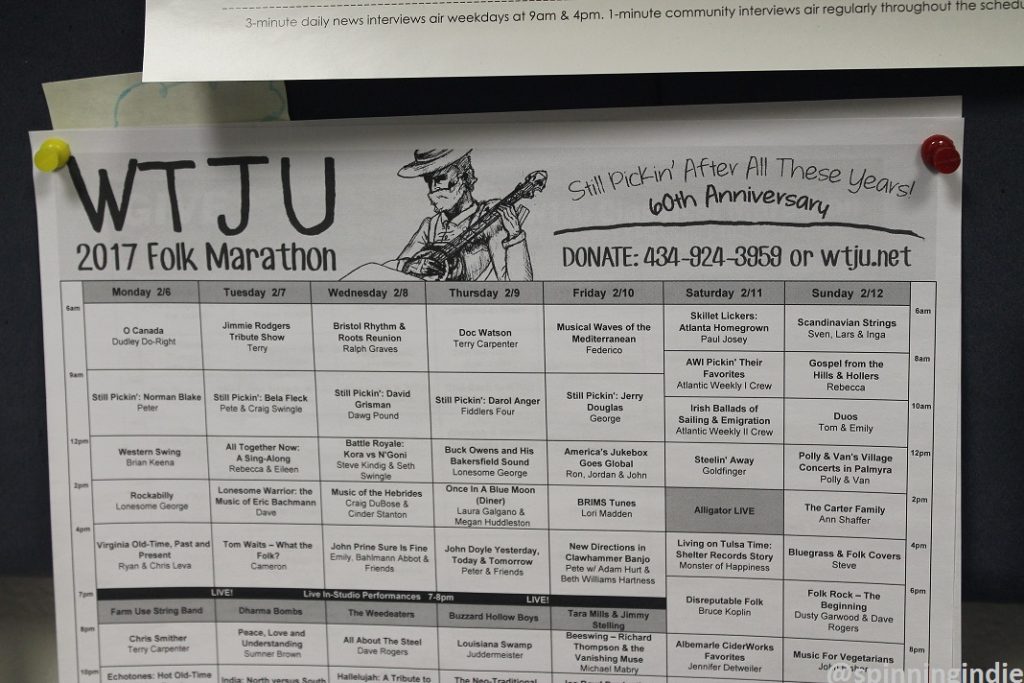 Schedule from WTJU's recent Folk Marathon. Photo: J. Waits