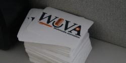 WUVA stickers at commercial college radio station WUVA. Photo: J. Waits