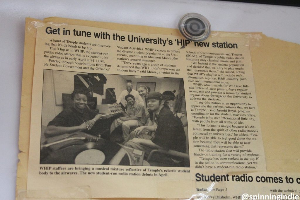 Press clipping on the wall of WHIP about the early days of the college radio station. Photo: J. Waits