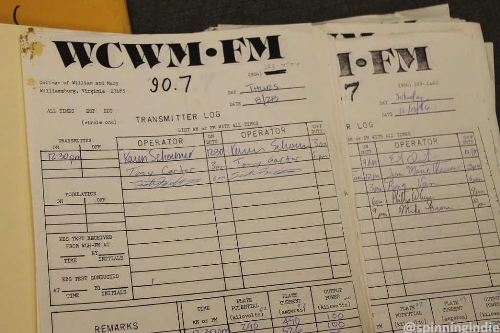 1980s transmitter logs at WCWM. Photo: J. Waits