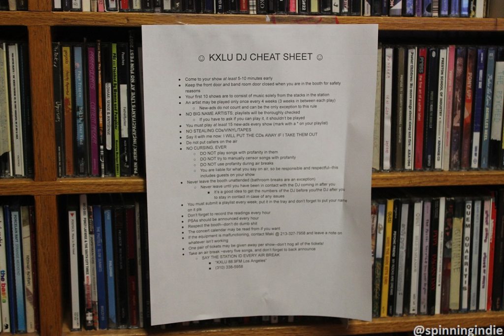 DJ cheat sheet in KXLU studio. Photo: J. Waits