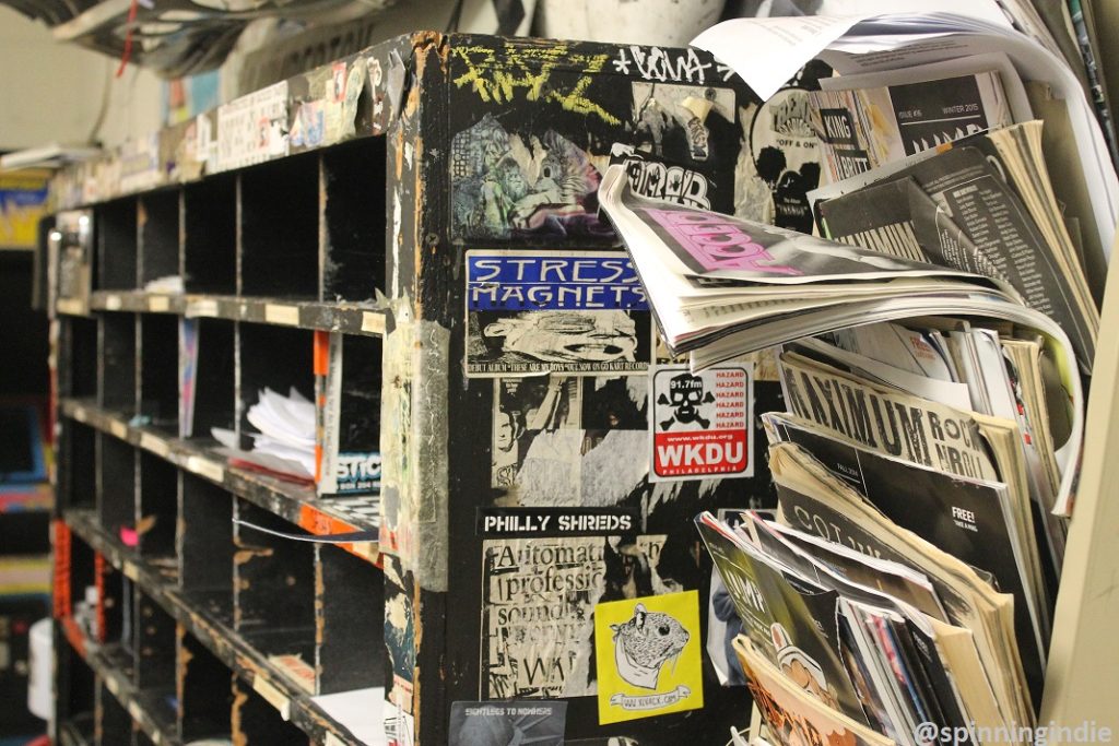 Mailboxes and music publications in lobby of college radio station WKDU. Photo: J. Waits