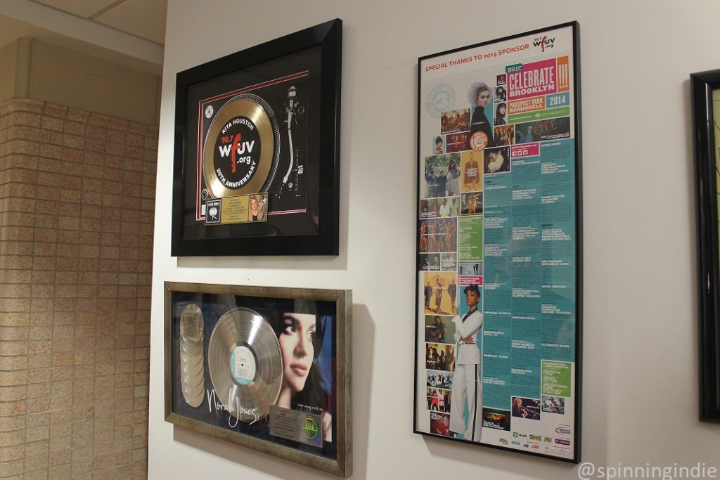 Accolades and ephemera in the WFUV hallway. Photo: J. Waits