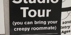 Studio Tour "You can bring your creepy roommate" sign at Radio K. Photo: J. Waits