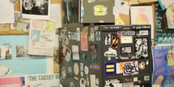 Sticker-covered cabinet at KDVS. Photo: J. Waits