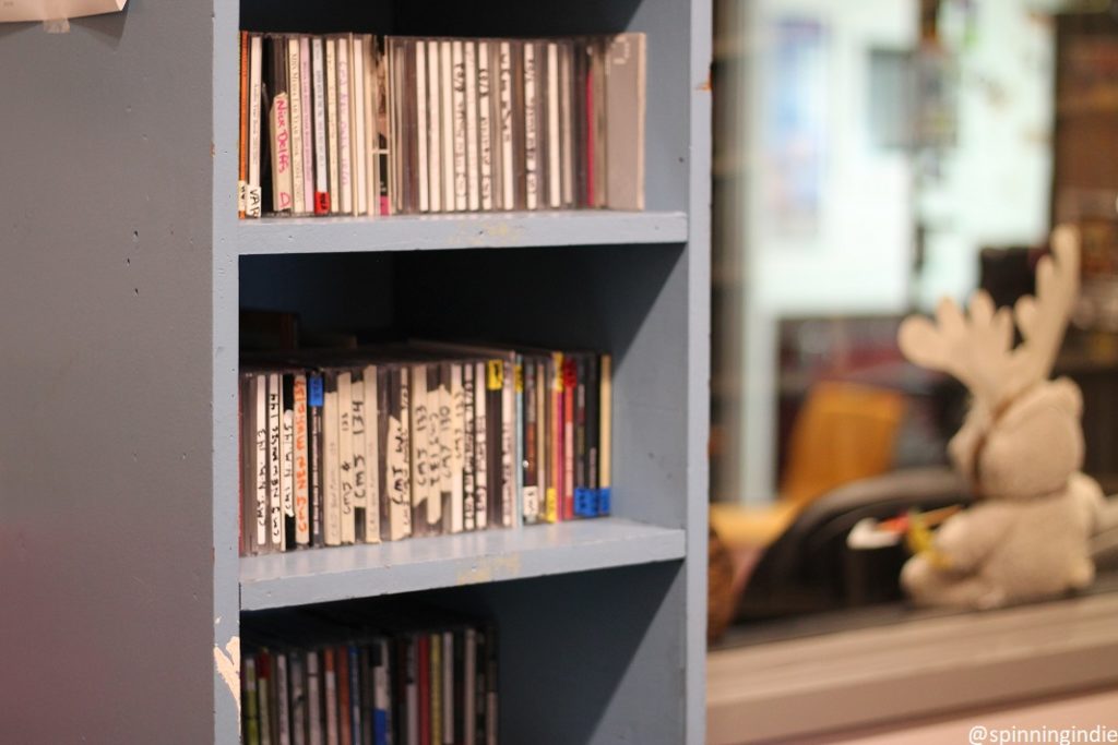 CDs and view out of studio at KAKX. Photo: J. Waits