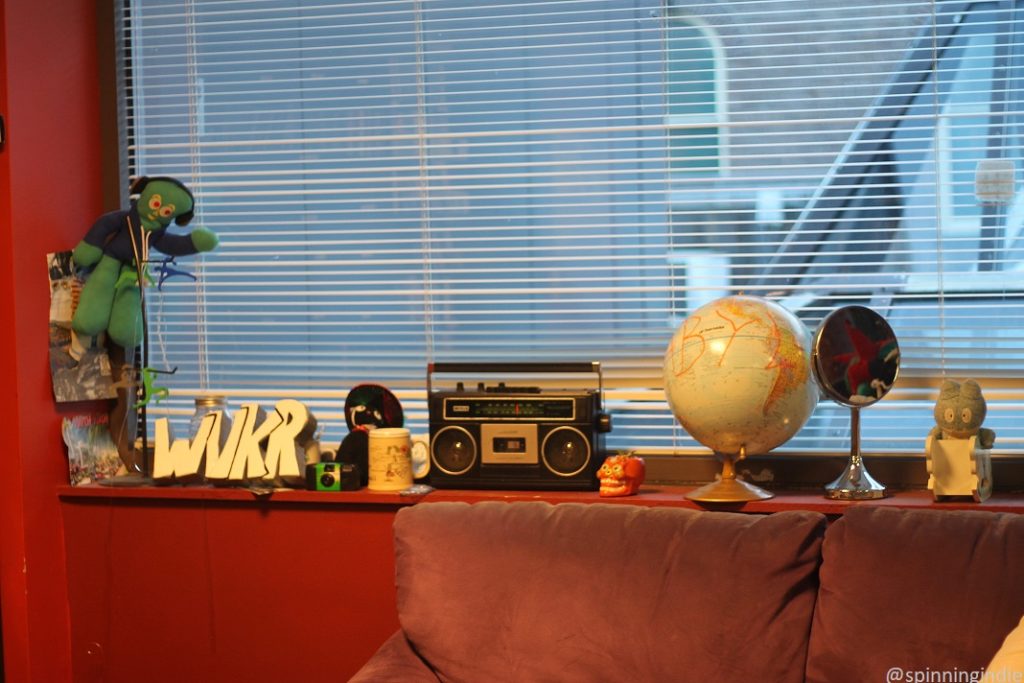 Leo Blais sign and other items on window ledge at WVKR. Photo: J. Waits