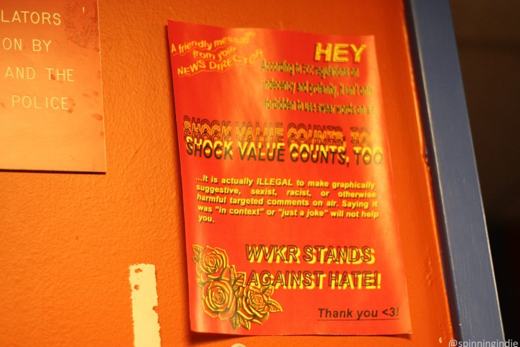 "WVKR stands against hate" flyer on the wall of the college radio station. Photo: J. Waits