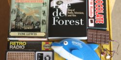 2018 holiday radio-themed gift ideas. Empire of the Air book, Lee De forest book, chocolate FM radio, Retro Radio kit, and dolphin shower radio. Photo: J. Waits/Radio Survivor