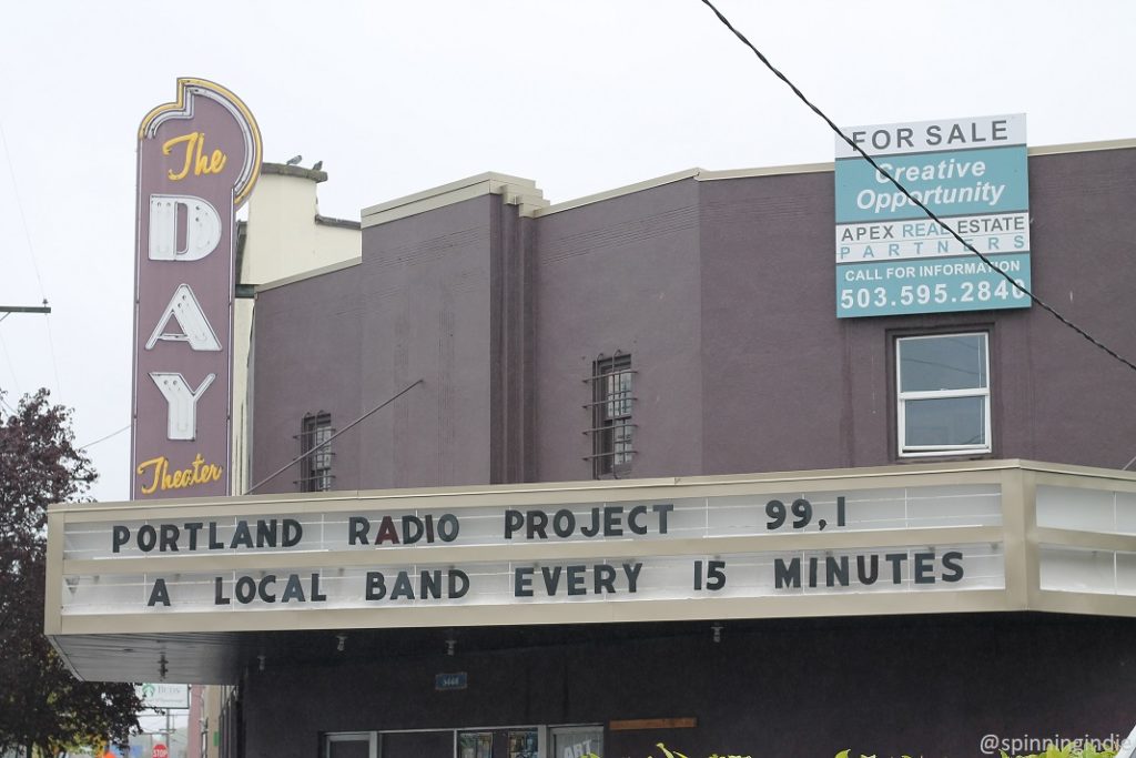 Portland Radio Project sign on marquee in front of Day Theater. Photo: J. Waits